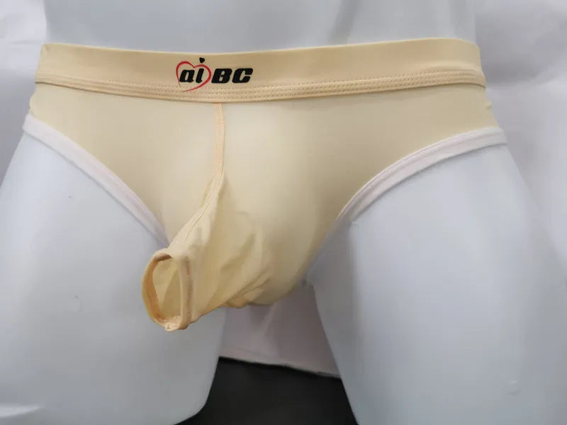Men's ice silk bazooka briefs in mid waist design with bullet separation, available in multiple colours