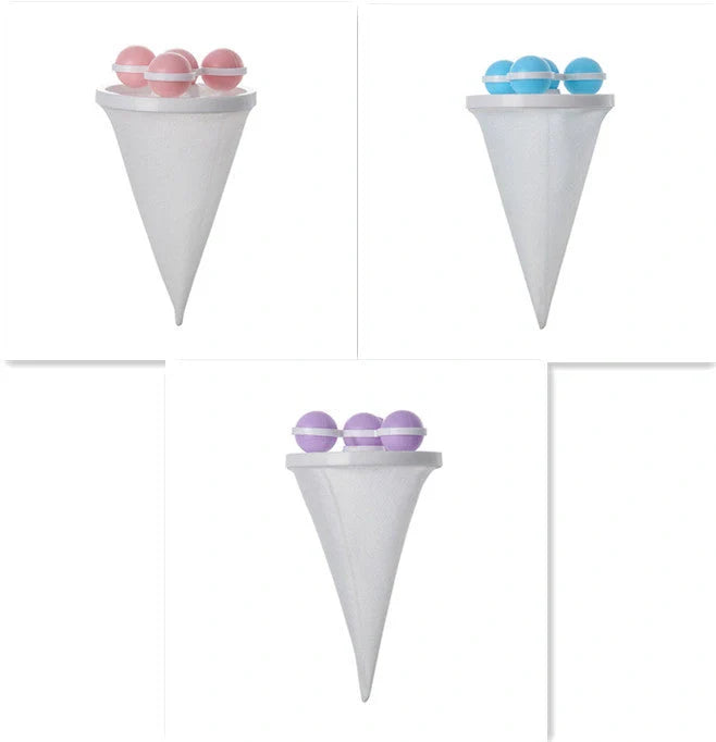 Ultra-fine mesh washing machine lint catcher in purple, blue, and pink