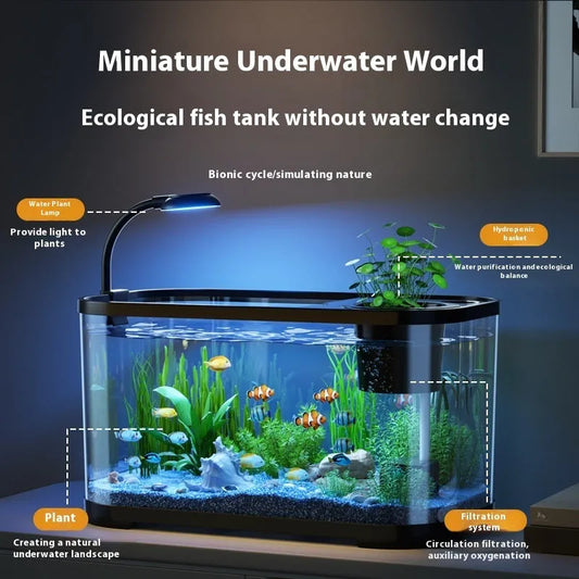 Ecological landscape filter oxygen-making integrated fish tank in luxury black finish on desktop