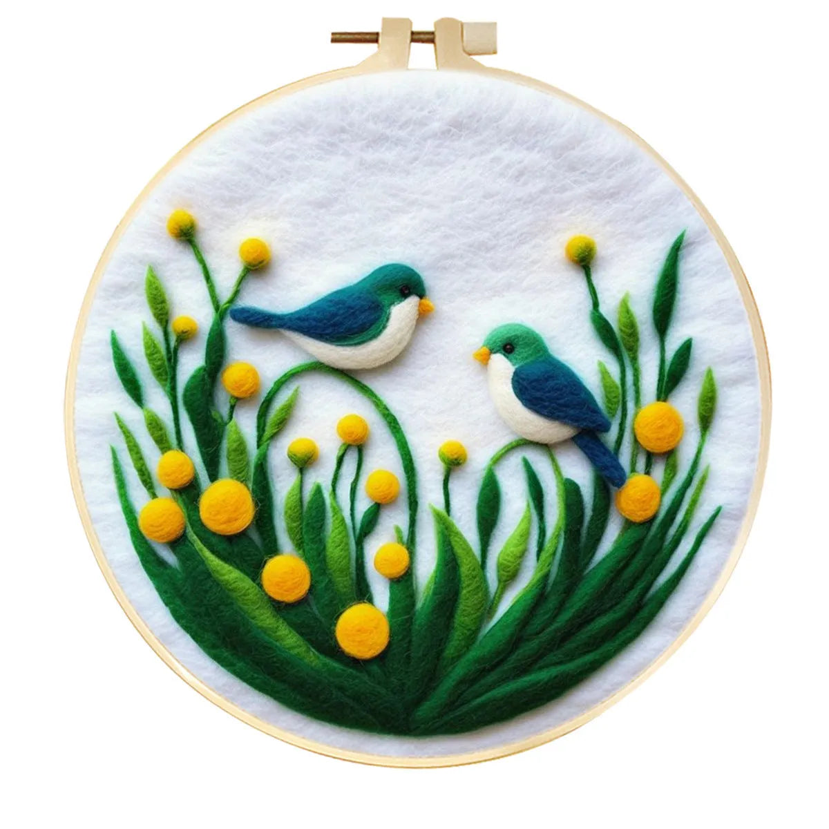 Round fabric embroidery kit with 20x20cm linen frame and wool felt for three-dimensional floral artwork
