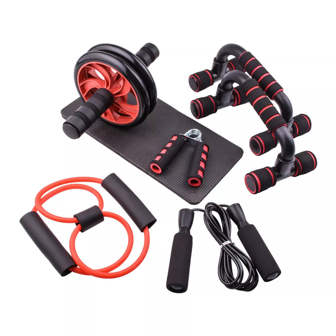 Abdominal wheel set for home fitness, includes wheel, kneeling mat, and skipping rope