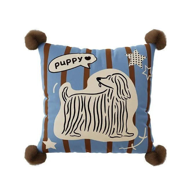 Blue cartoon animal print sofa cushion pillow in 45x45cm size next to brown and white versions.