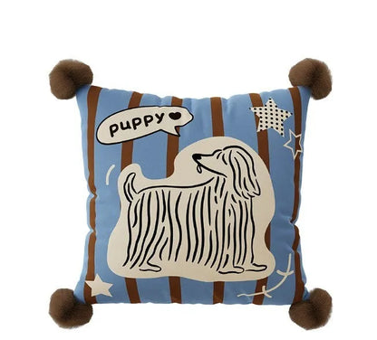 Blue cartoon animal print sofa cushion pillow in 45x45cm size next to brown and white versions.