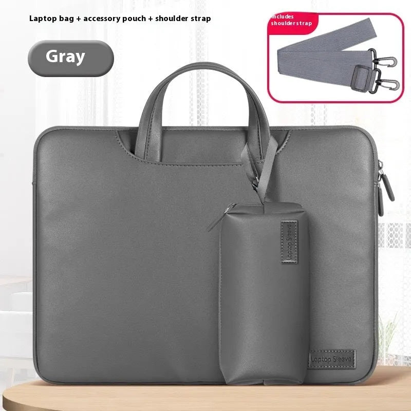 Black leather laptop bag with integrated power bank for 13-16 inch notebooks showing dimensions