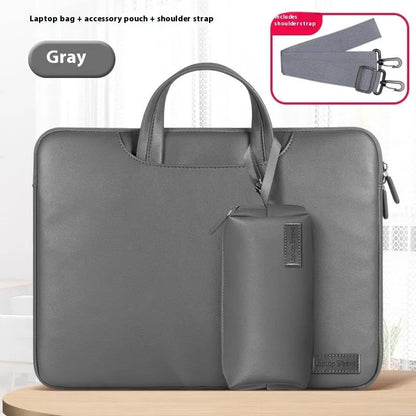 Black leather laptop bag with integrated power bank for 13-16 inch notebooks showing dimensions