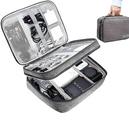 Gray waterproof electronics organiser bag open showing double-layer compartments with elastic loops and mesh pouches