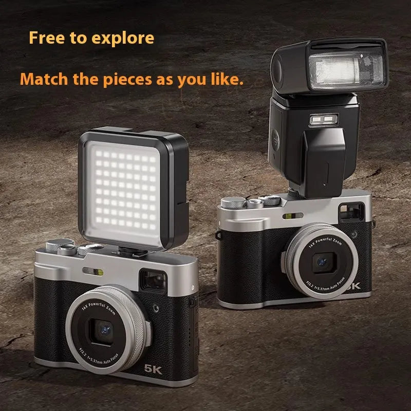 5K HD digital camera in black or brown with dual lenses, optical viewfinder, and 2.88-inch display on front
