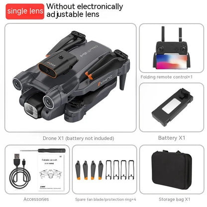 Black P12 foldable quadcopter drone with four propeller blades and a front-mounted HD camera on a white background.