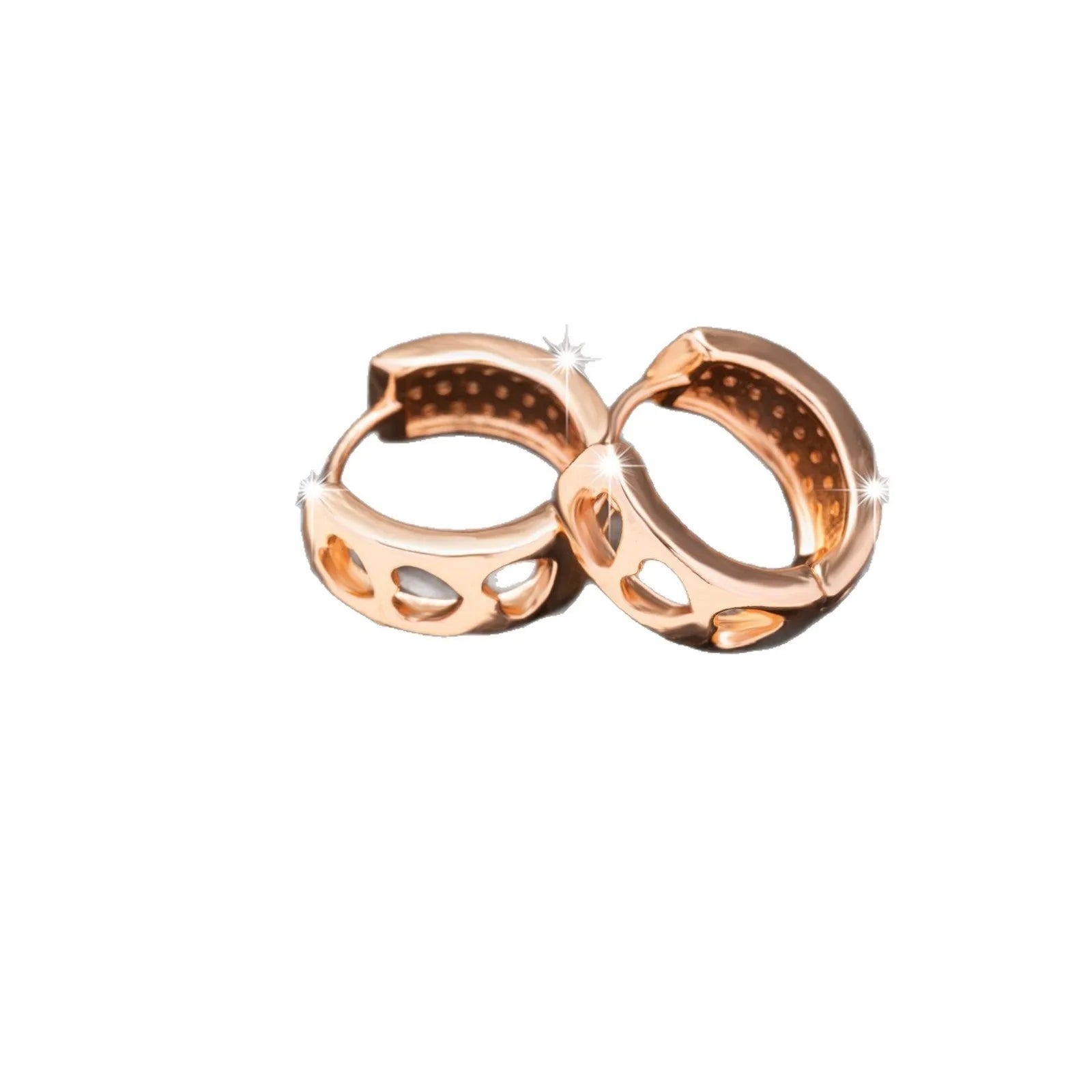 Rose gold electroplated earrings with 2.5cm circular design and three heart-shaped cut-outs