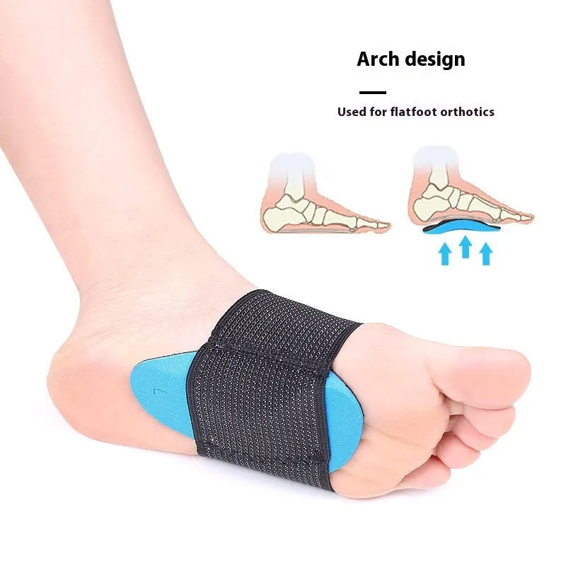 Blue elastic bandage foot pads with arch support for flat foot conditions in adult and children sizes