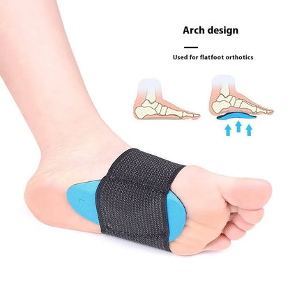Blue elastic bandage foot pads with arch support for flat foot conditions in adult and children sizes
