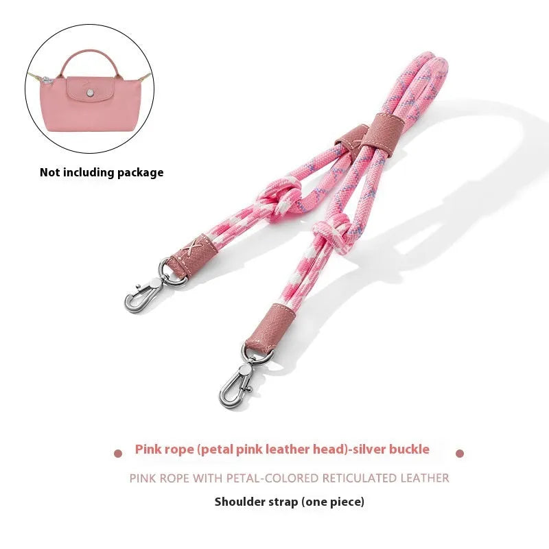 Braided rope shoulder strap with alloy hardware in silver or gold finish options