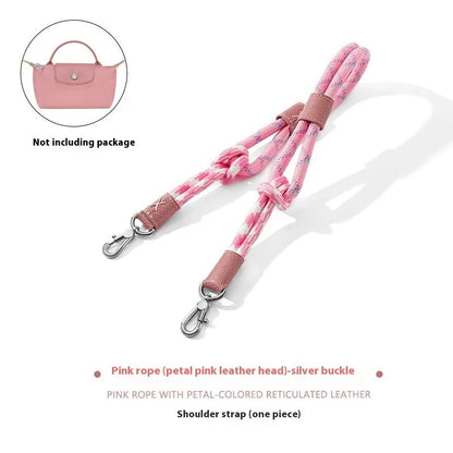 Braided rope shoulder strap with alloy hardware in silver or gold finish options