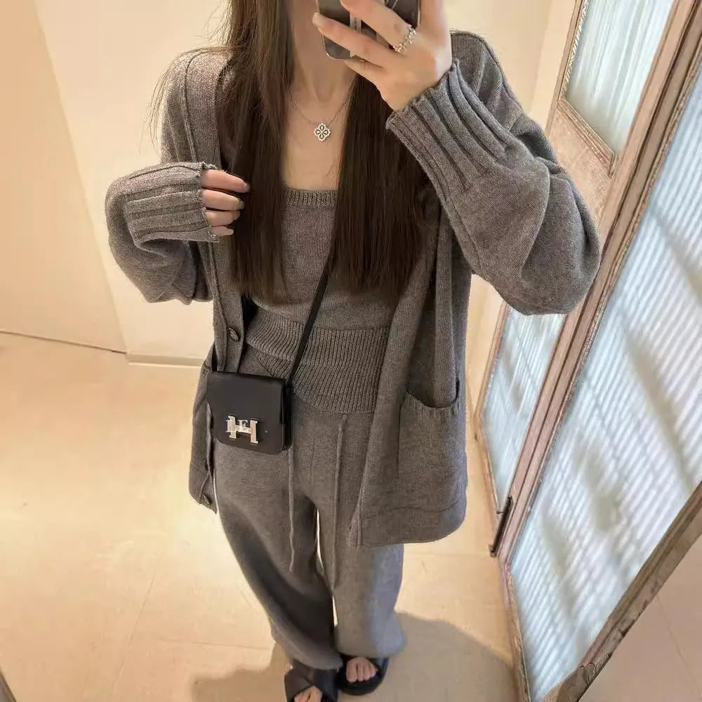 Women's knit cardigan suspender pants three-piece set in light brown wool blend fabric with seamless design