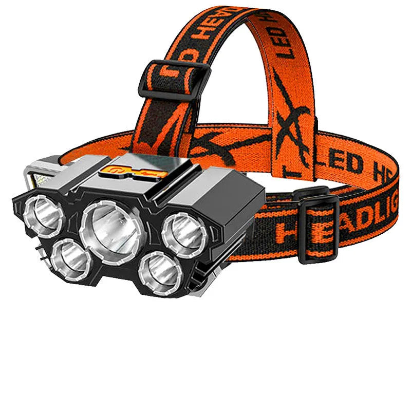 Head-mounted LED miner's lamp flashlight with adjustable strap, 10W LED, and data cable.