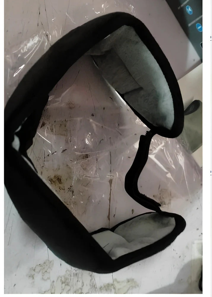 Black contoured eye mask with adjustable straps showing measurements of 20cm width and 10cm height