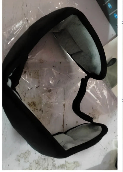 Black contoured eye mask with adjustable straps showing measurements of 20cm width and 10cm height