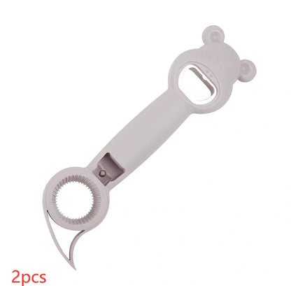 Bear-shaped 4-in-1 stainless steel bottle opener in gray blue, 21 cm long for jars cans and beers