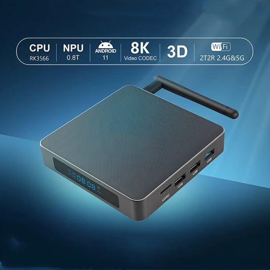 Android TV set-top box with remote control showing HDMI and power ports
