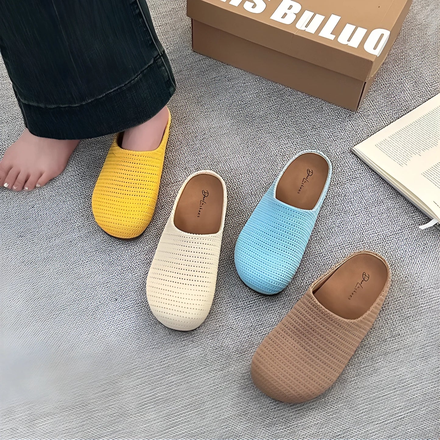 Women's non-slip cloth slippers with rubber sole in beige colour showing round toe design
