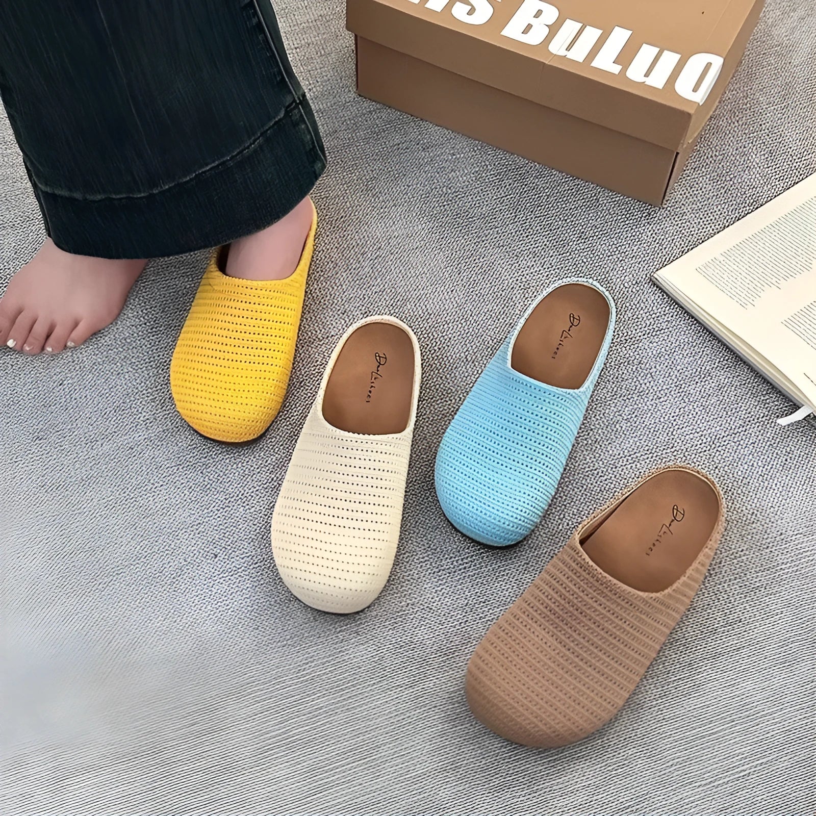 Women's non-slip cloth slippers with rubber sole in beige colour showing round toe design