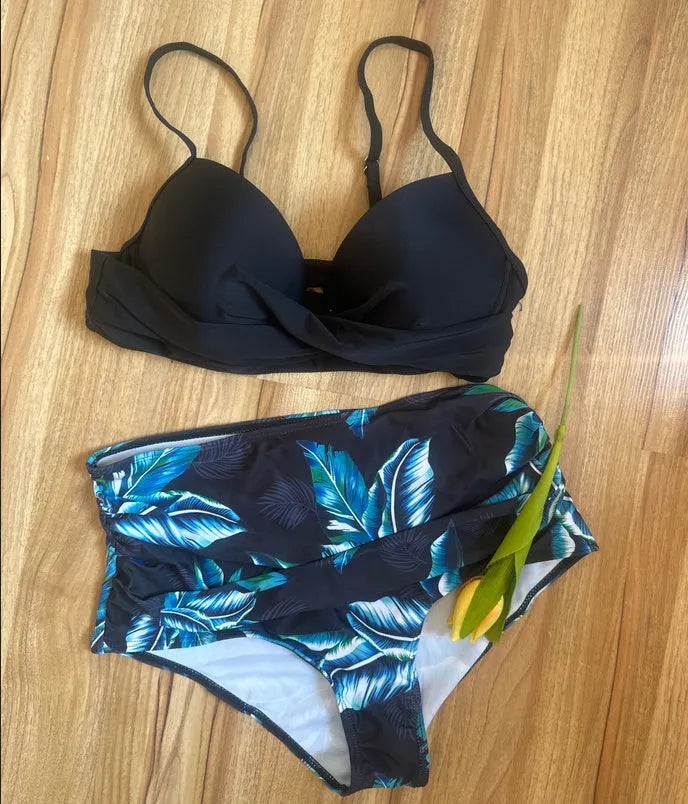 Women's floral print push up bikini set with steel underwire bra and high waist briefs