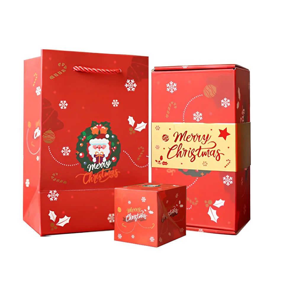 Christmas Eve Surprise Box showing bounce box compartments in cinnabar red with gift box and bag