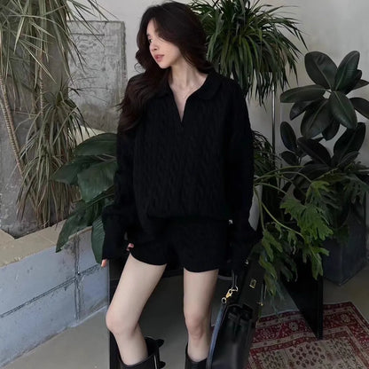 Women's knitted suit set with geometric pattern, elastic waist shorts, and sweater in black, gray, or creamy-white