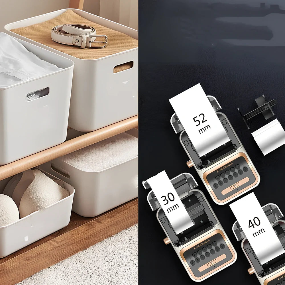 Portable thermal Bluetooth label printer measuring 135x92x60mm with included adhesive label rolls