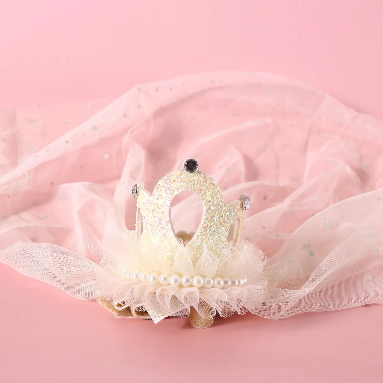 Cat wearing a princess crown headdress with a choice of beige or pink veil