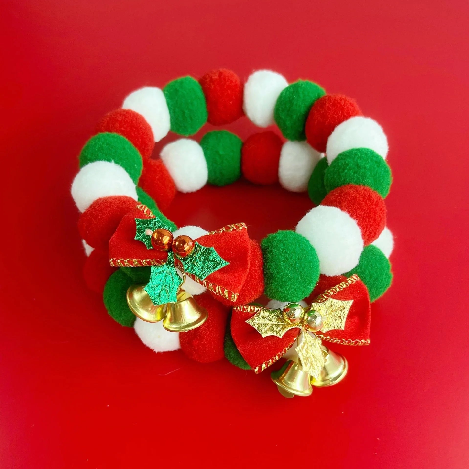 Festive plush pet collar with bow for dogs and cats, perfect for Christmas