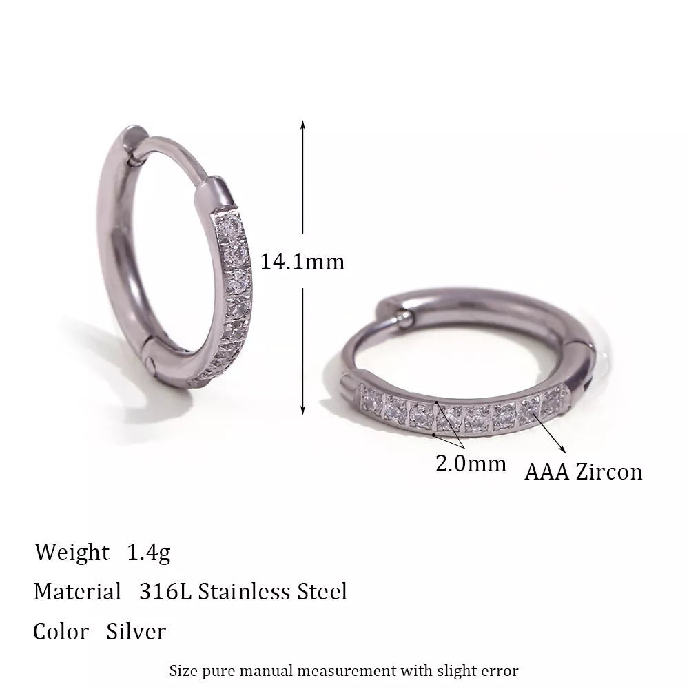 Women's titanium steel rounded edge zircon earrings in gold and steel finishes, sizes 10mm to 16mm