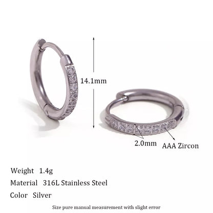 Women's titanium steel rounded edge zircon earrings in gold and steel finishes, sizes 10mm to 16mm
