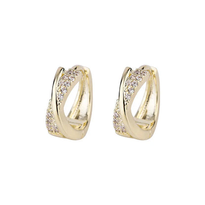 Geometric copper earrings with zircon detailing and 14K yellow gold finish