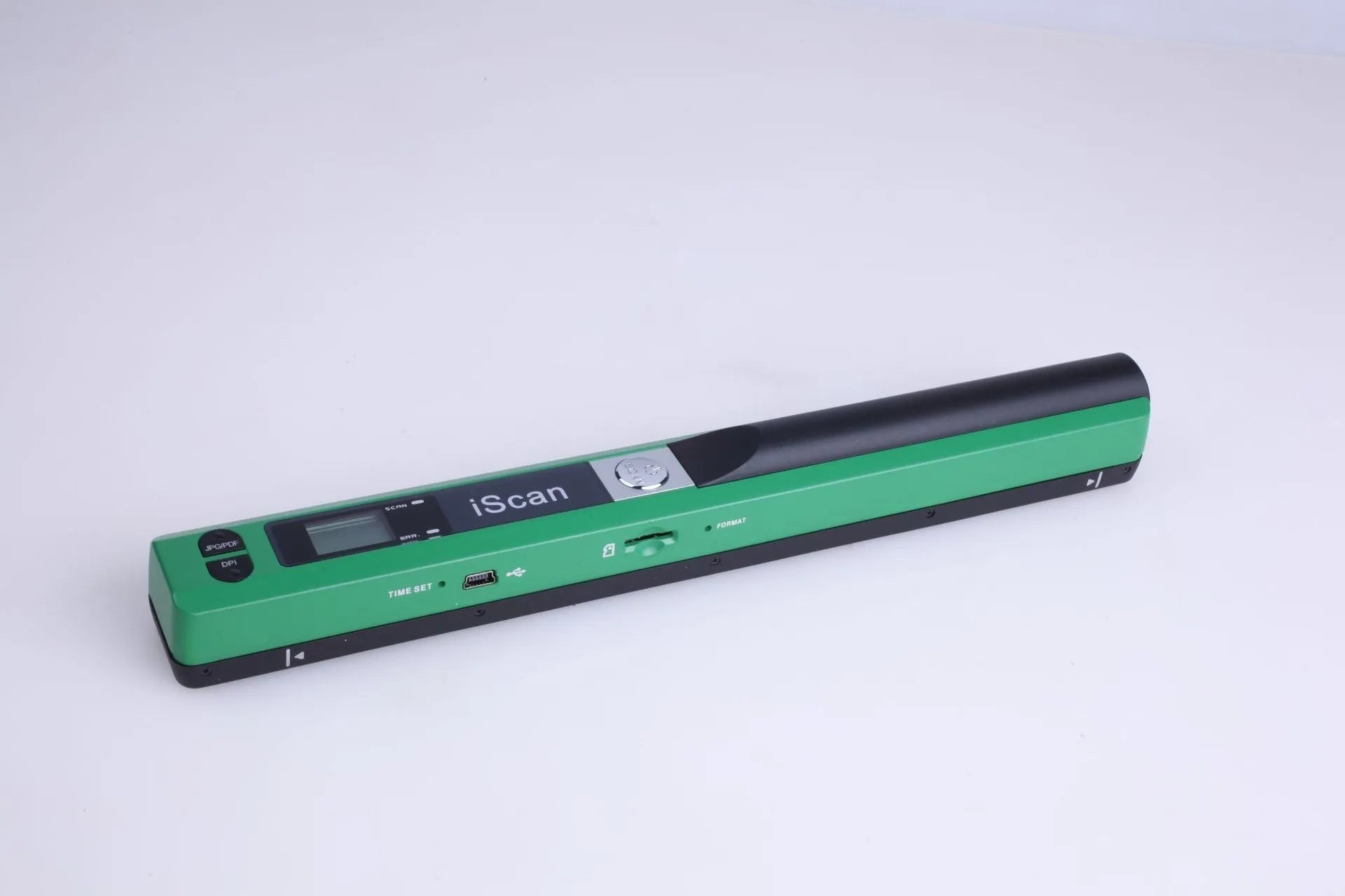 Handheld plastic barcode scanner in five colour options: black, blue, green, red, and silver.