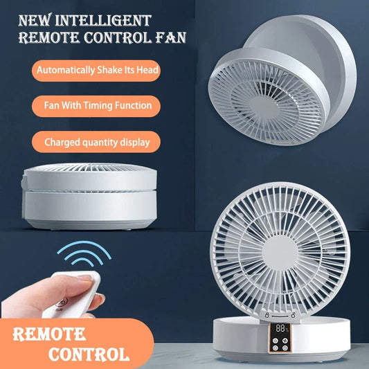 Rechargeable USB desk and wall-mounted fan with folding design, adjustable wind speeds, and warm ambient nightlight