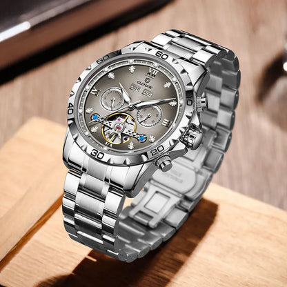 Men's automatic mechanical watch with stainless steel strap and mineral glass face in business style