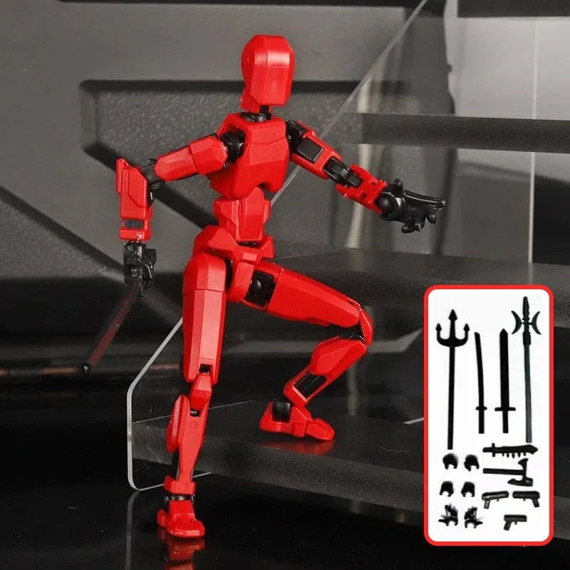 Highly posable 3D printed robot mannequin toy with interchangeable accessories, including wings and weapons
