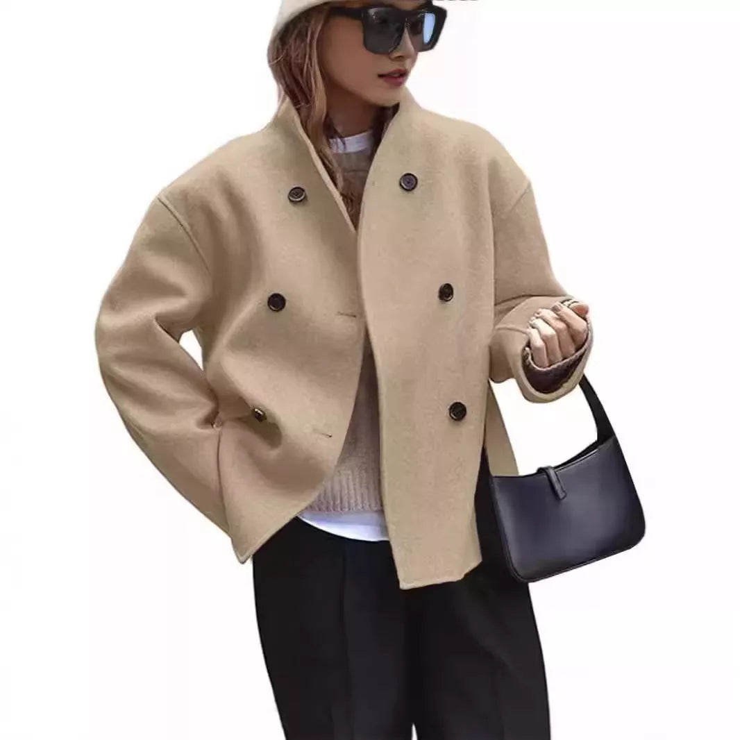 Double-faced woolen coat with three-row buttons in plaid and tweedst pattern for autumn and winter