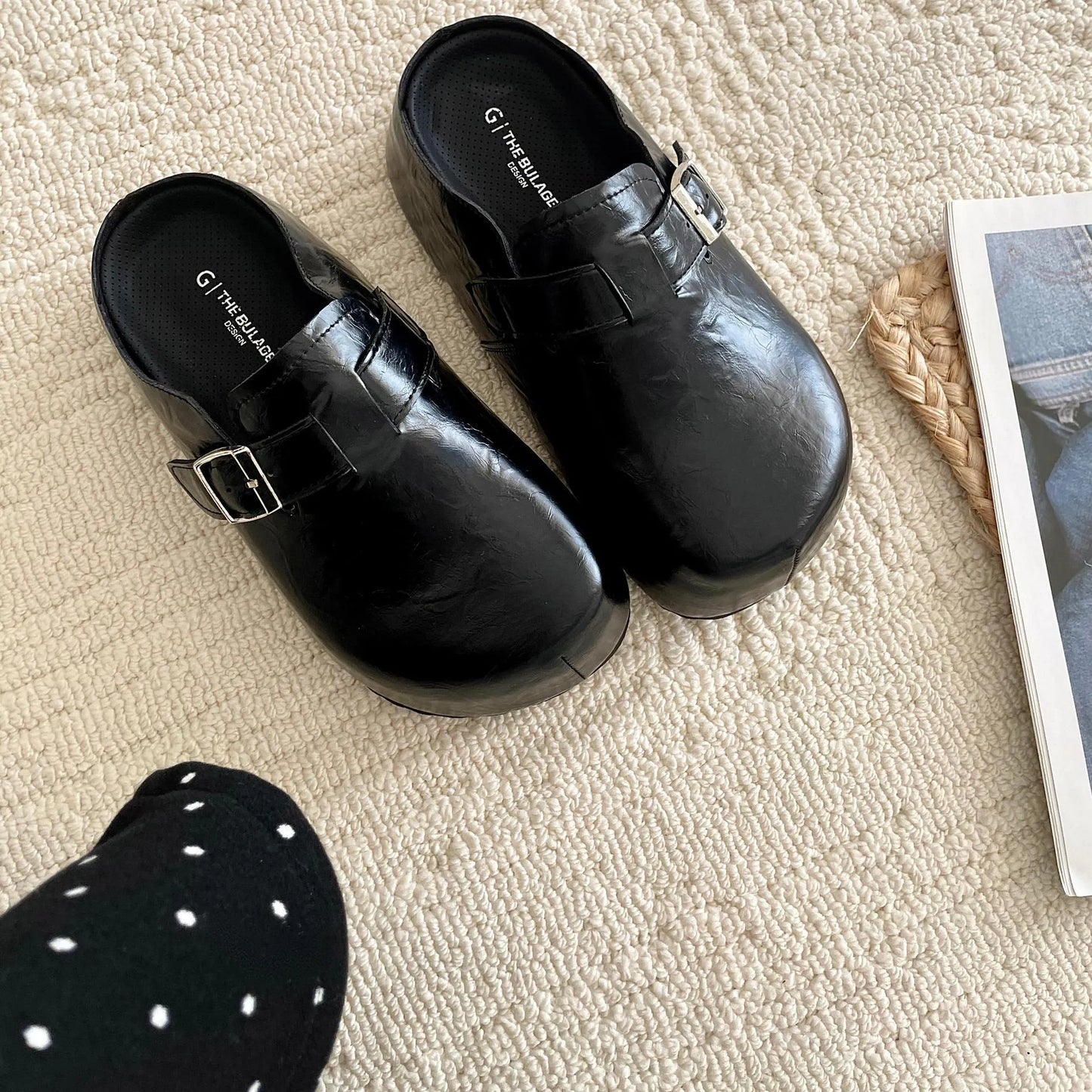 Flat buckle casual sneakers in beige, black, silver, and yellow colours, showing round toe and PU upper.
