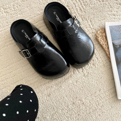 Flat buckle casual sneakers in beige, black, silver, and yellow colours, showing round toe and PU upper.