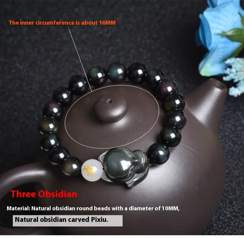 Natural obsidian beaded bracelet with 10mm stones in gold, silver, or black style.