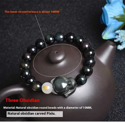 Natural obsidian beaded bracelet with 10mm stones in gold, silver, or black style.