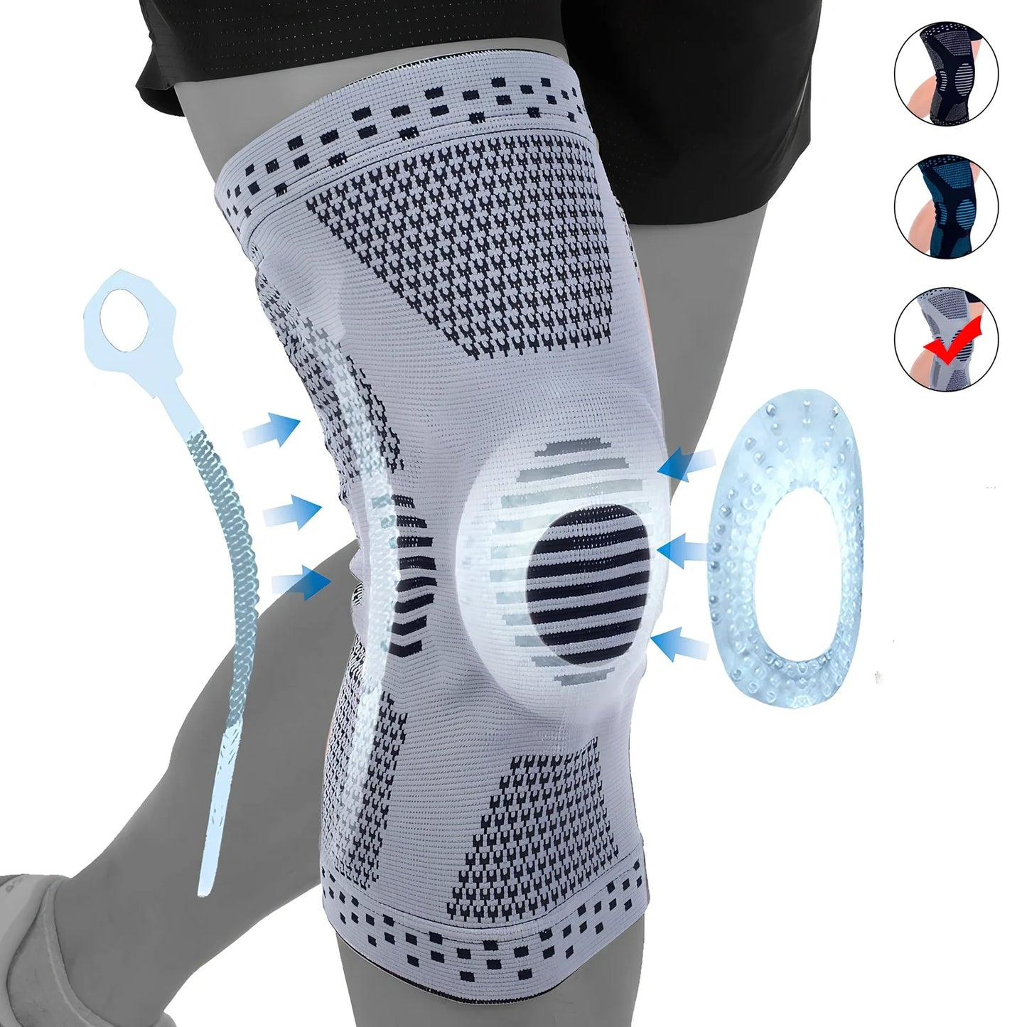 Grey basketball knee pad showing half-moon shape and silicone grip strips for court protection