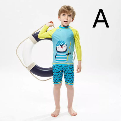 Boys' quick-dry swim trunks with vibrant prints, perfect for pool and beach