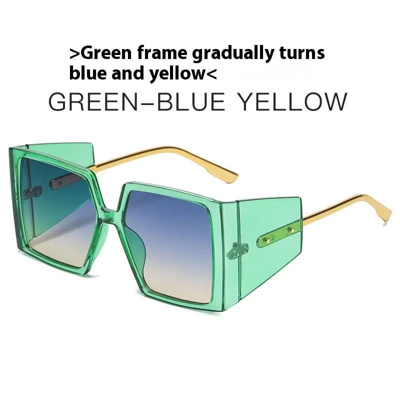 Large square frame sunglasses with UV400 lenses in various colours including black, blue, and green frames.