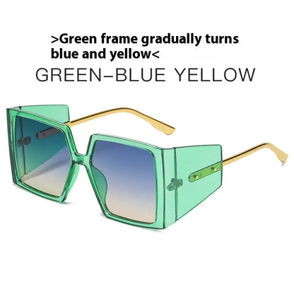 Large square frame sunglasses with UV400 lenses in various colours including black, blue, and green frames.