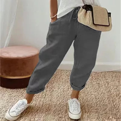 Women's cotton linen casual pants in solid colors, sizes S to 5XL
