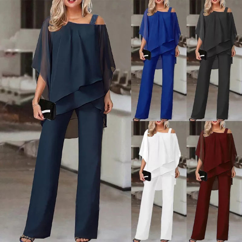 Women's batwing sleeve top and straight trousers set in polyester, available in multiple colors