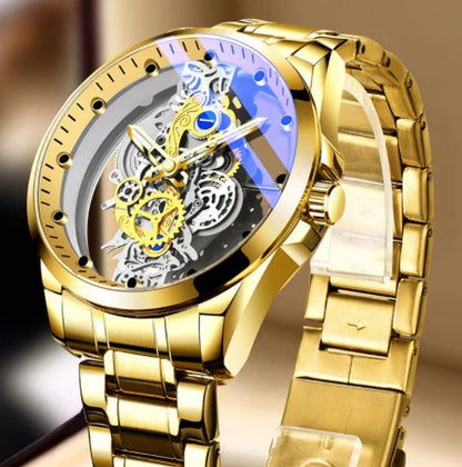 Men's skeleton automatic quartz watch with gold finish and mineral glass face